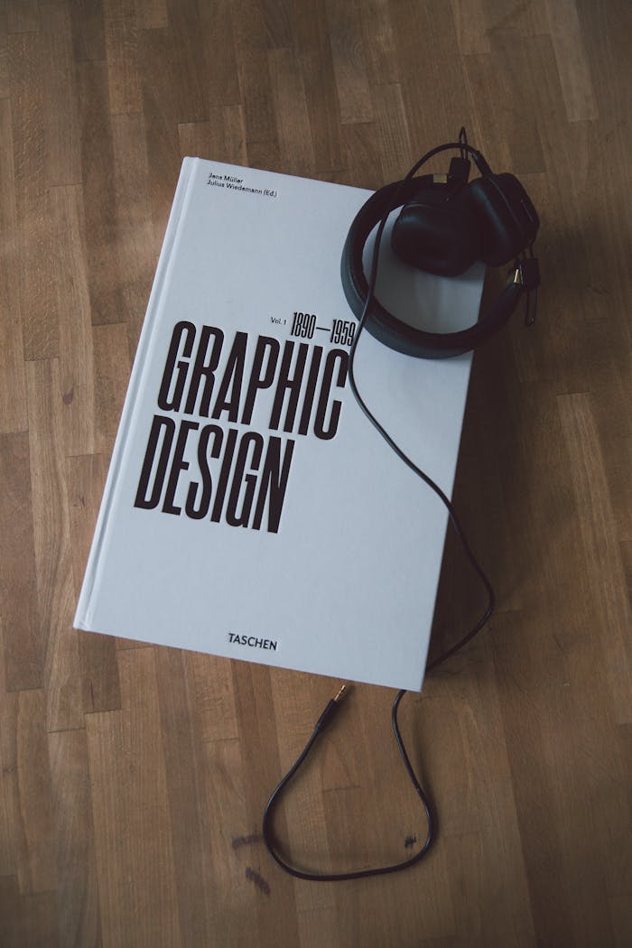 About Discover graphic design history with this book and headphones on a wooden floor.